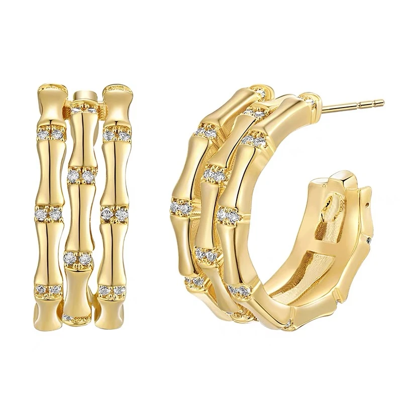 铜合金合成锆石耳饰 轻奢气质百搭法式竹节中古耳钉-2341