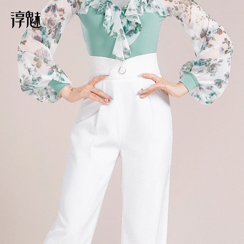 CM摩登舞蹈裤女国标舞裤高腰直筒裤吉特巴广场舞白色裤子M2007