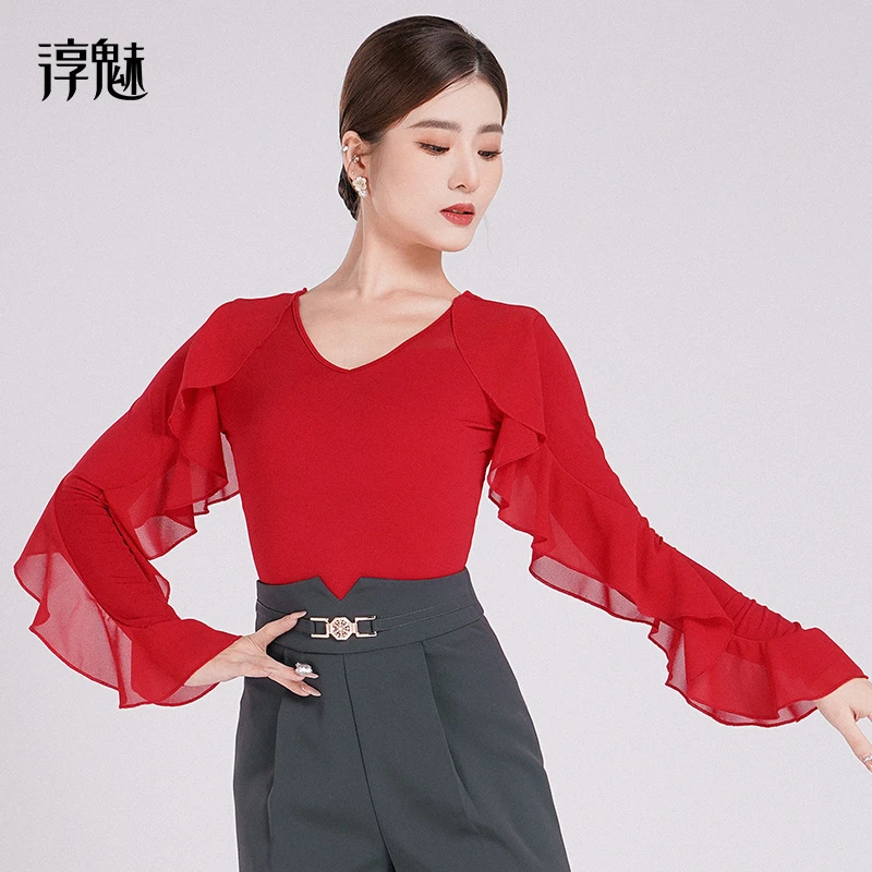 扉姿 摩登舞服女秋冬交谊舞荷叶边跳舞上衣单件红色舞蹈衣服M1049
