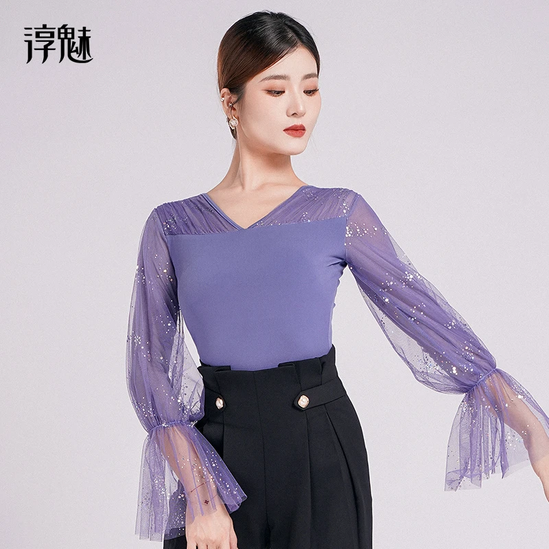 摩登舞服女秋冬新款舞蹈衣服拉丁舞练功服v领跳舞上衣M1036