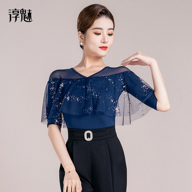 淳魅 摩登舞服女新款广场舞分体舞衣练功服吉特巴v领上衣M1003
