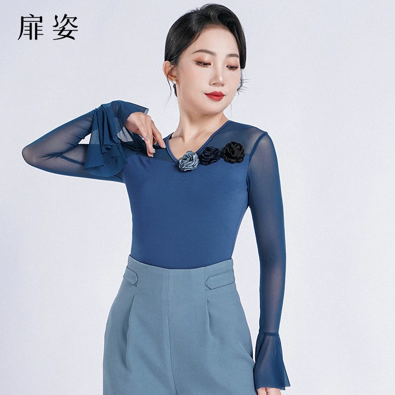 扉姿摩登舞服女新款舞蹈连体衣交谊舞跳舞练功服长袖v领上衣F1170