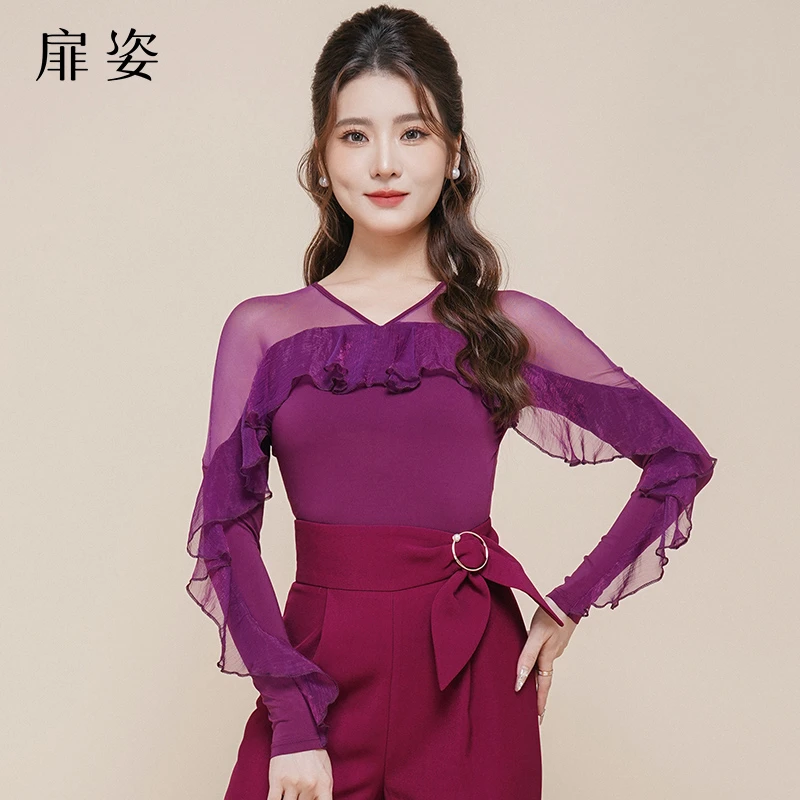 FZ 摩登舞服女士新款交谊舞长袖连体衣荷叶边飘逸跳舞上衣F1188