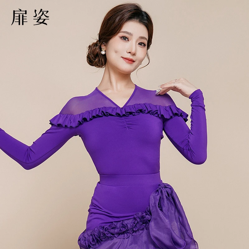 扉姿摩登舞上衣女交谊舞连体衣长袖广场舞服木耳边v领跳舞衣F1194