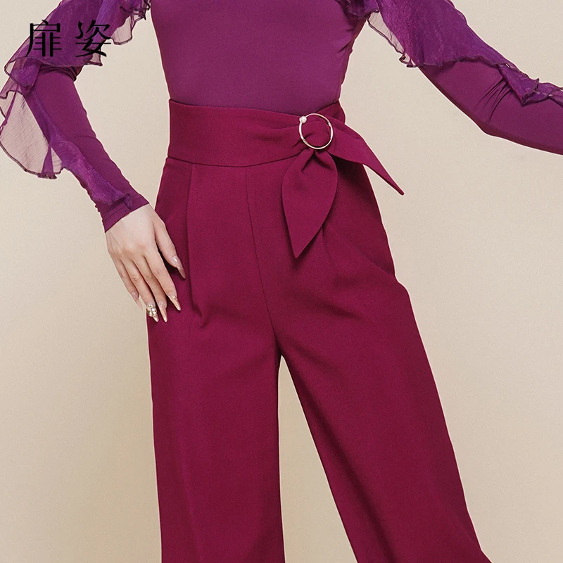 扉姿 女士摩登舞裤子厚款交谊舞西裤专业拉丁舞吉特巴长裤F2122