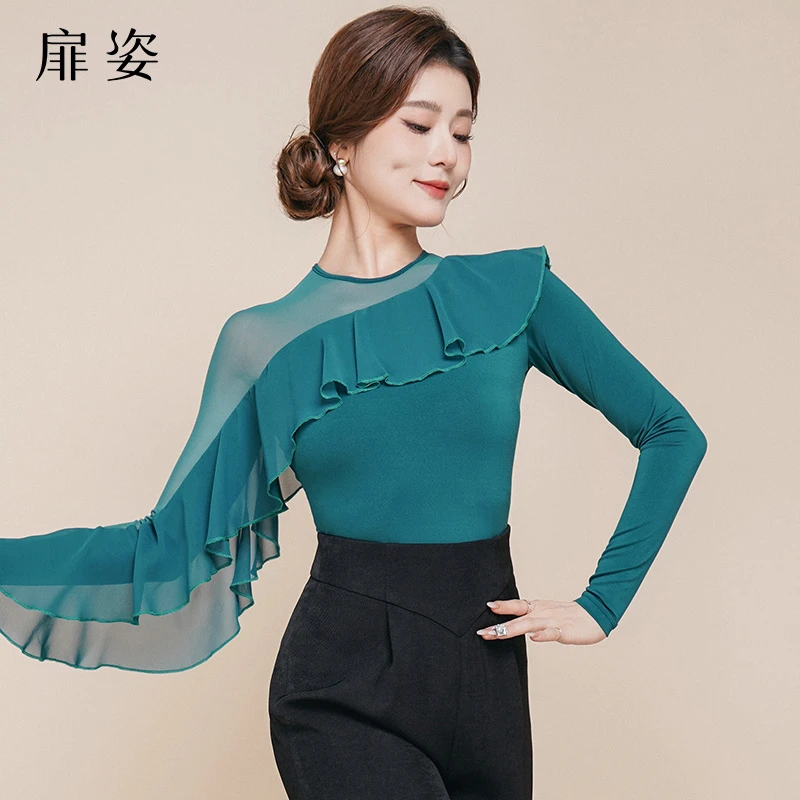 扉姿 摩登舞服女士秋冬舞蹈连体衣交谊舞服荷叶边跳舞上衣F1224