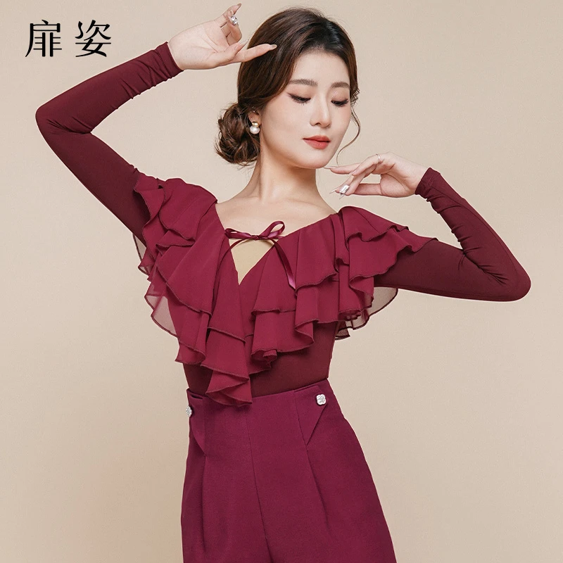 扉姿 运动玩咖摩登舞上衣女士交谊舞长袖荷叶边跳舞连体衣F1195