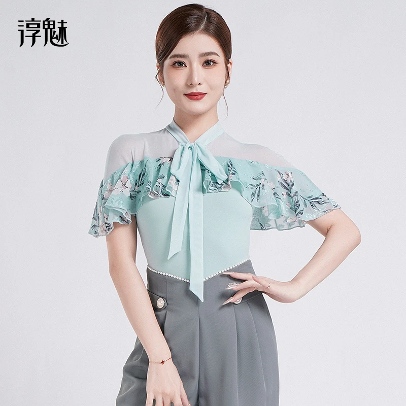 CM摩登舞上衣女夏季新款交谊舞练功服飘逸优雅跳舞分体衣M1067