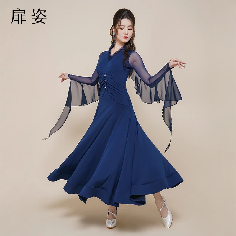扉姿 摩登舞裙新款专业华尔兹长袖表演裙子交谊舞大摆连衣裙F3045