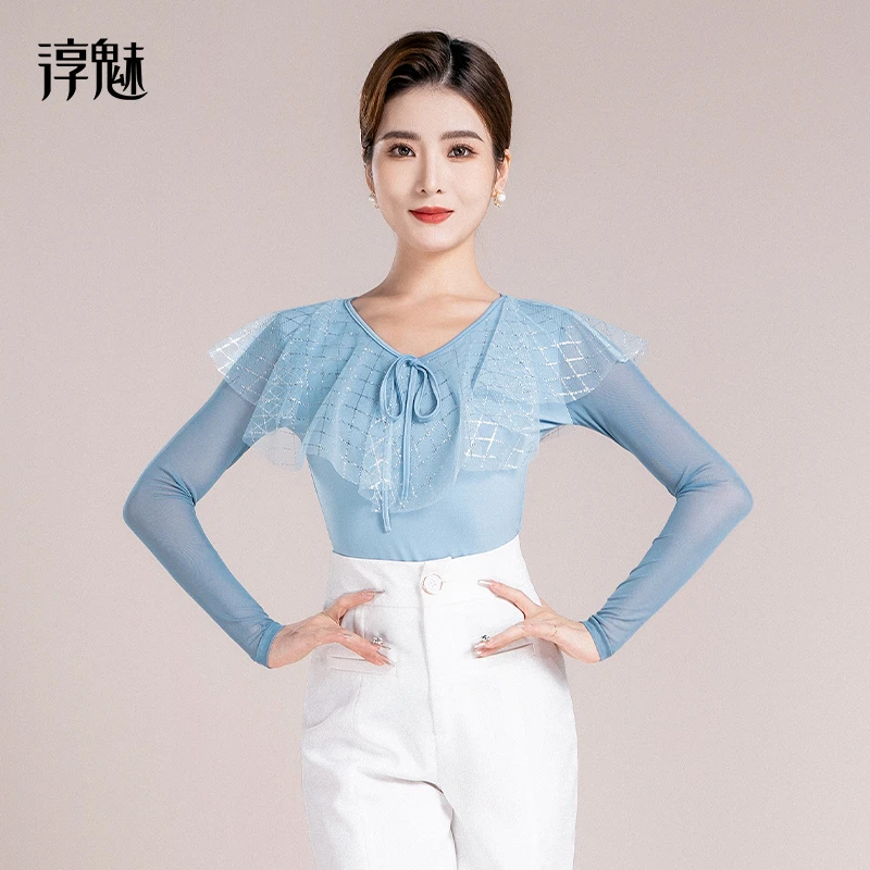 CM摩登舞蹈服女装吉特巴长袖分体舞衣广场舞v领跳舞上衣M1002