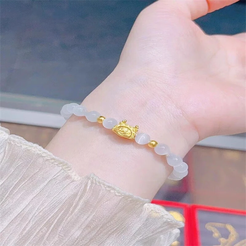 黄金足金999龙饺手链转运珠搭配太阳石手串情侣送女友