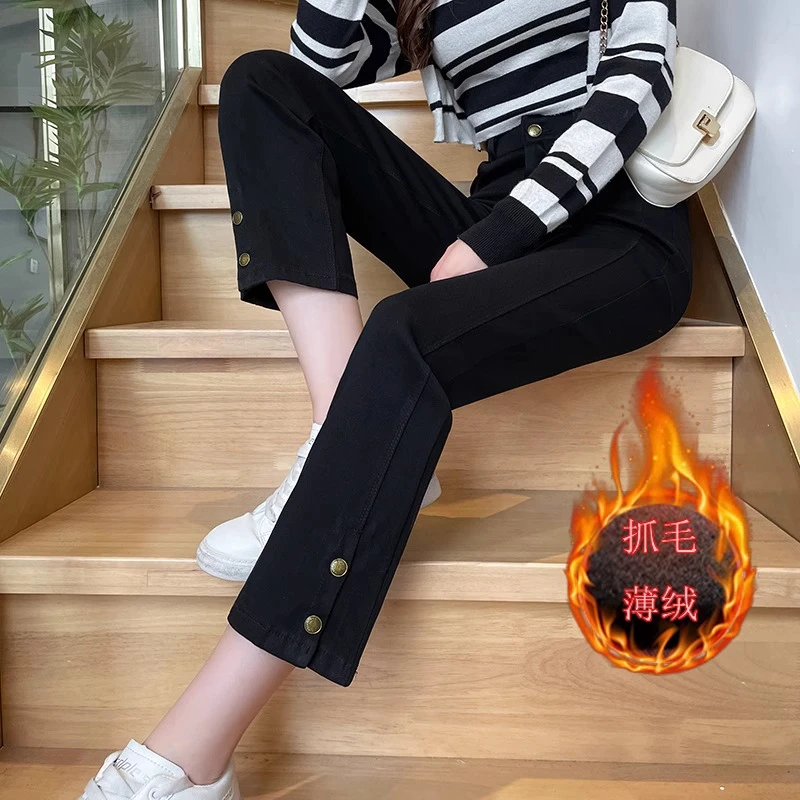 韩版高腰直筒烟管裤女九分春秋冬修身百搭小个子八分薄绒小黑裤潮