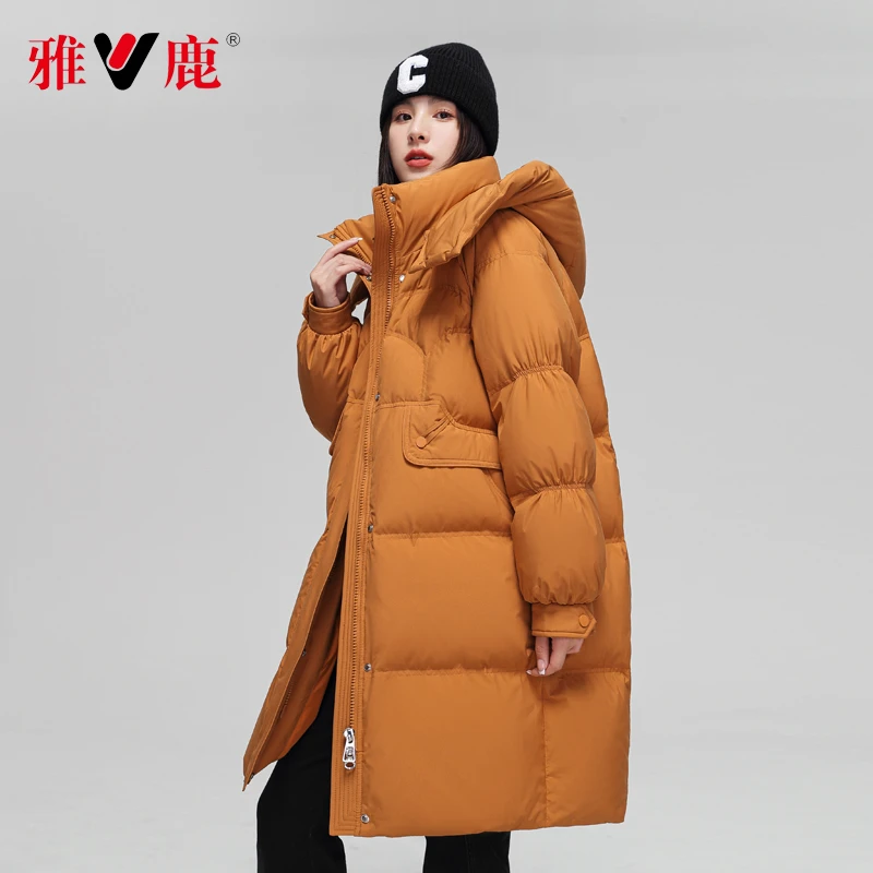 雅鹿2023年新款羽绒服女装中长款连帽休闲宽松显瘦时尚保暖外套女