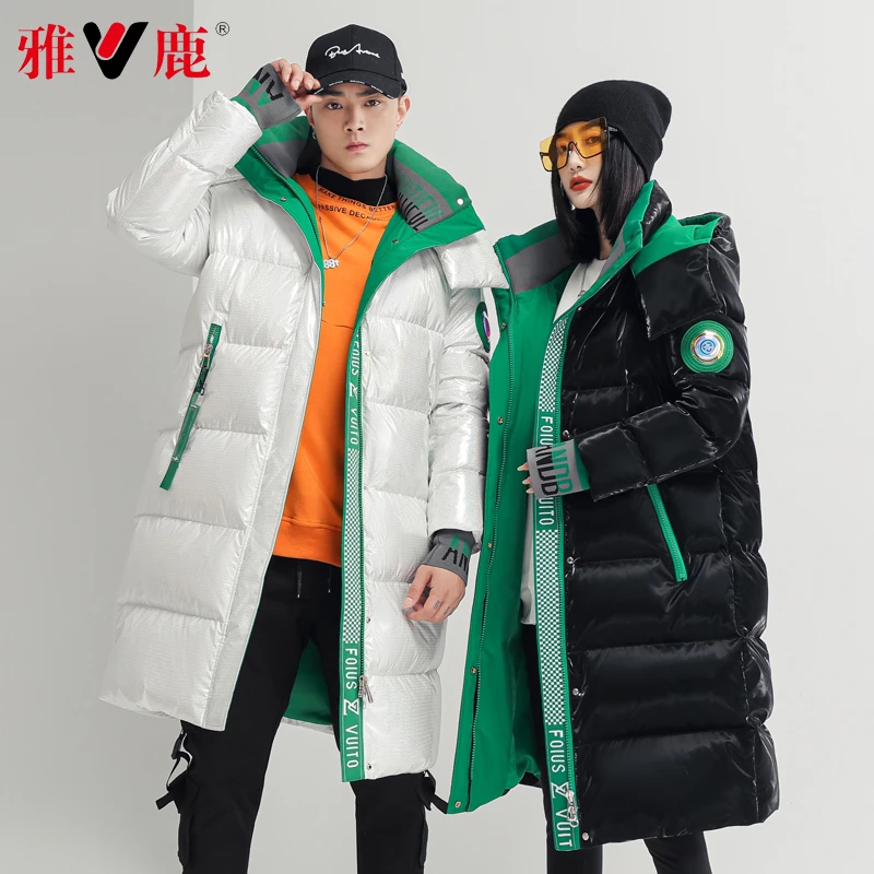 【雅鹿】情侣羽绒服男女同款2023冬季时尚长款连帽拼色加厚防风外套