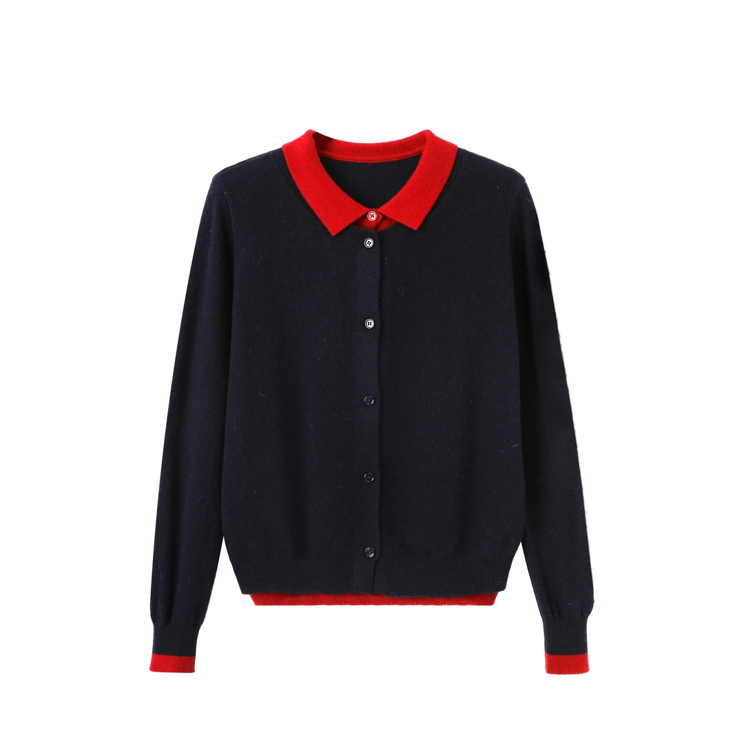 大缘·缘本100%全羊毛针织开衫POLO领撞色毛衣DY2203