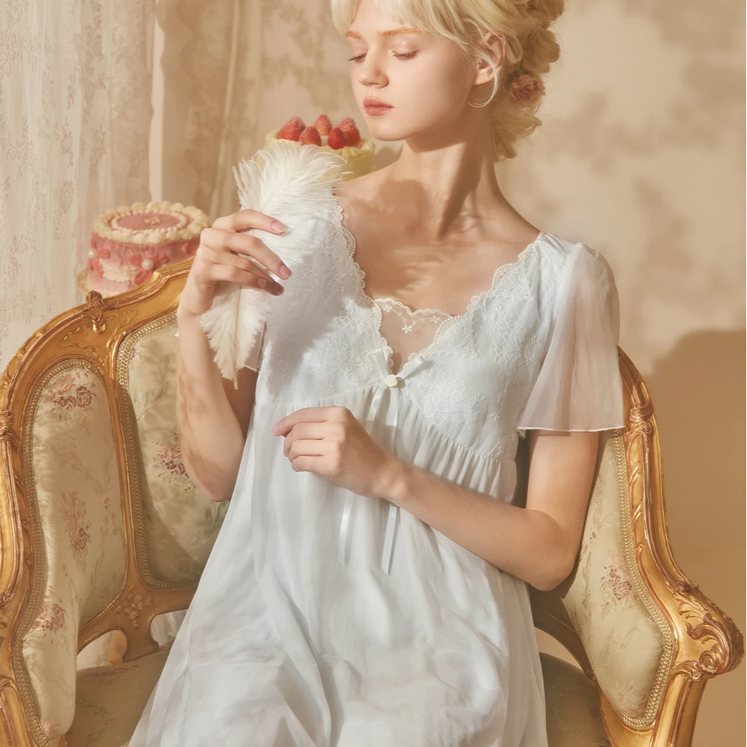 性感睡裙女夏季法式短袖V领公主蕾丝睡衣带胸垫一体夏天