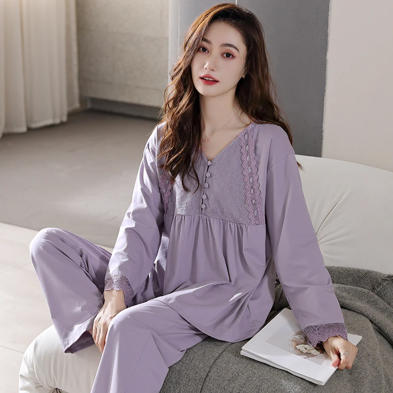 高级感睡衣女春秋莫代尔长袖V领套装优雅蕾丝2024新款大码家居服