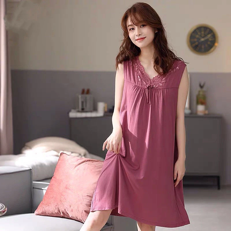 新款莫代尔睡裙女夏季女士薄款夏天宽松大码中年妈妈睡衣家居服