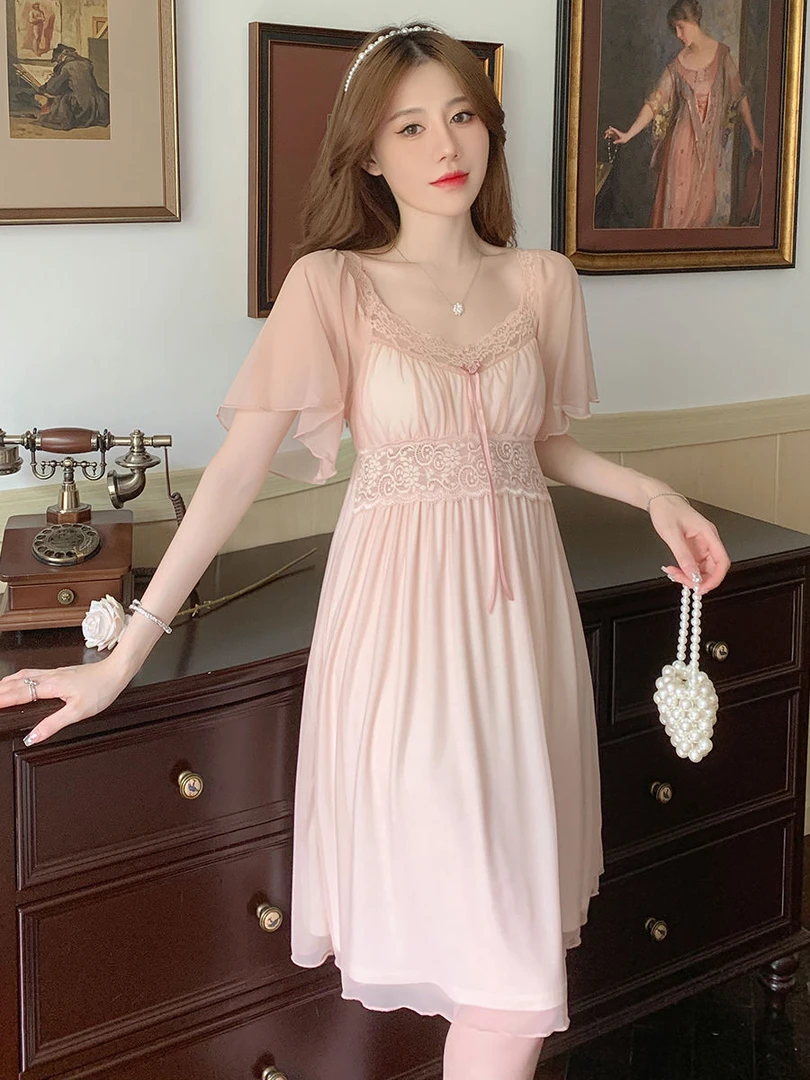 很仙的女神短袖睡衣女夏季性感纯欲网红风蕾丝带胸垫睡裙家居服
