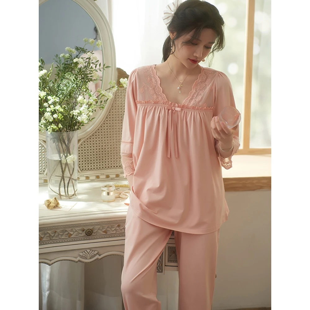 蕾丝莫代尔棉睡衣套头七分袖款春秋女款高级感中年妈妈家居服套装