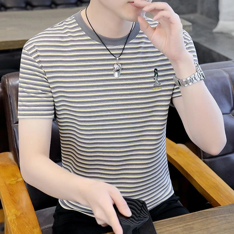 啄木鸟夏季短袖T恤男士2025新款夏装纯条纹半袖衣体恤薄款宽松潮