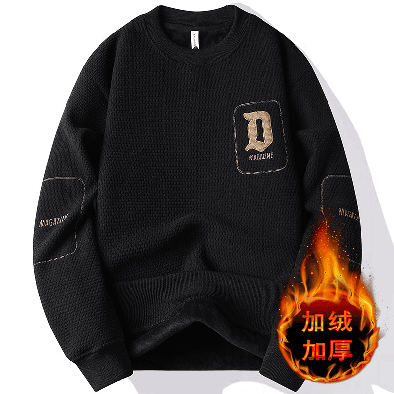 啄木鸟秋冬季刺绣男士圆领加绒加厚卫衣青少年2023新款保暖长袖