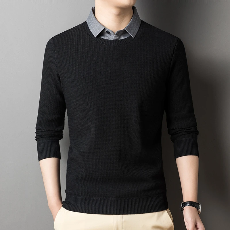 啄木鸟2024春季新款男士加绒加厚翻领衬衫保暖针织衫长袖毛衣男