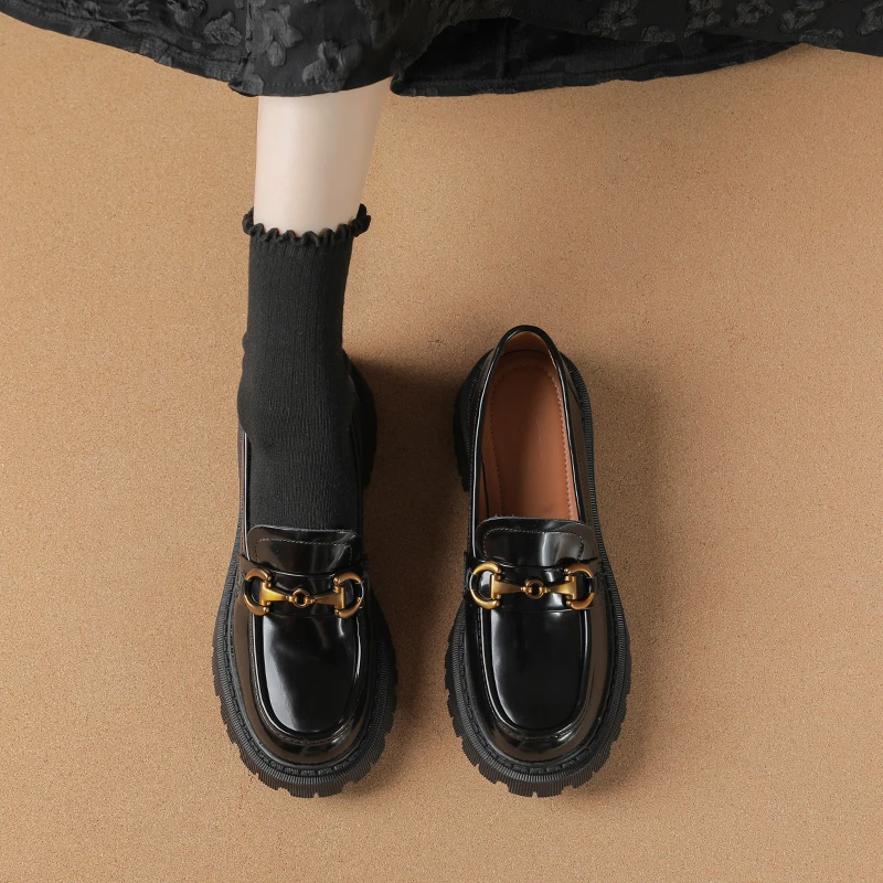 圆头厚底乐福鞋女粗跟松糕底2023新款春夏英伦小皮鞋女大码414243