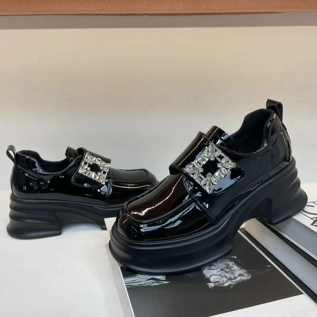 甜酷风水钻小皮鞋7CM增高小个子百搭厚底单鞋女2024春秋时尚皮鞋