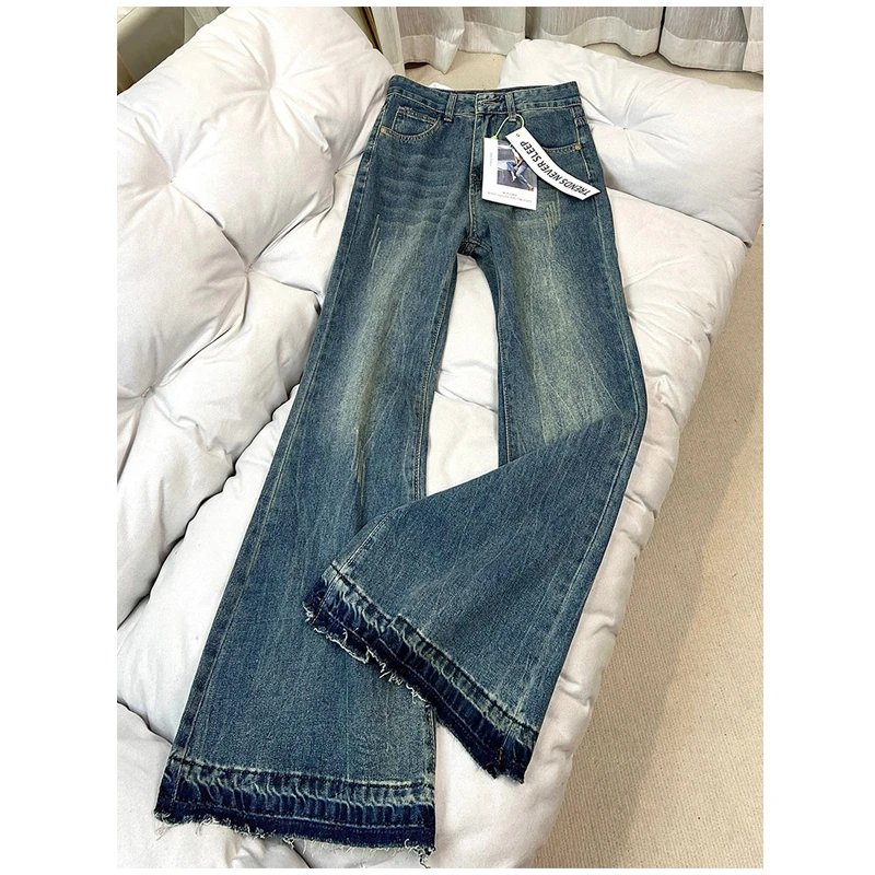 高腰复古牛仔裤女春秋大码女装胖mm宽松显瘦毛边扎染微喇阔腿长裤