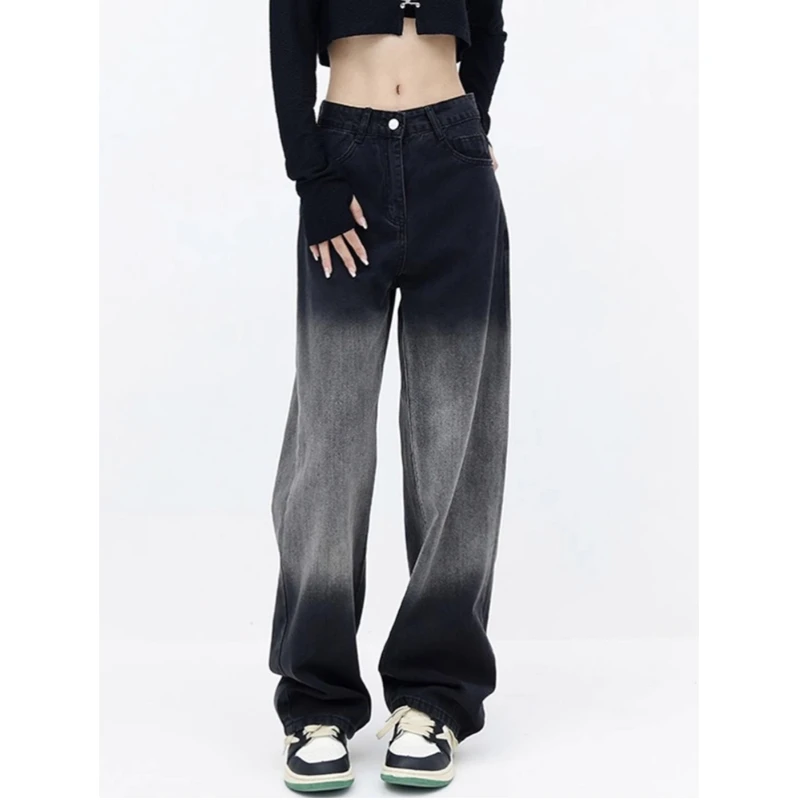 黑灰渐变牛仔裤女胖妹妹mm秋季高腰显瘦直筒阔腿宽松长裤阔腿裤