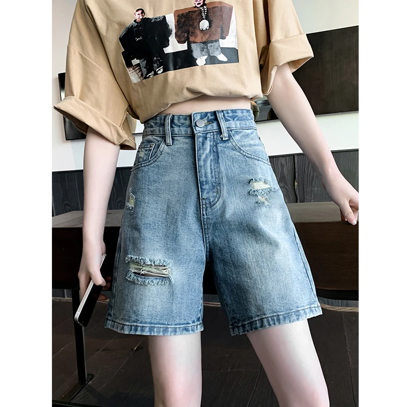 破洞五分牛仔裤女2025夏大码女装胖mm高腰宽松显瘦直筒休闲阔腿裤