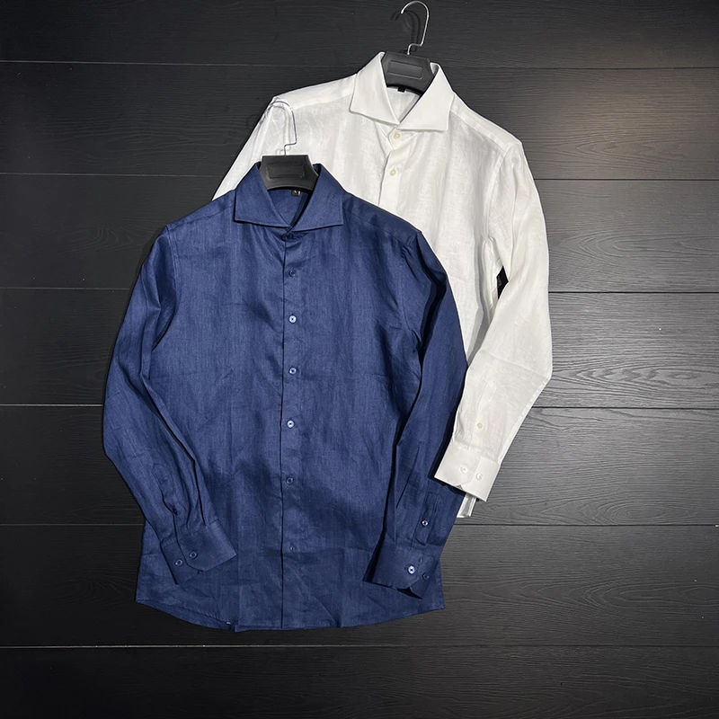 绅士优雅早秋商务绅士温莎领舒适透气100%亚麻衬衫男士休闲衬衣
