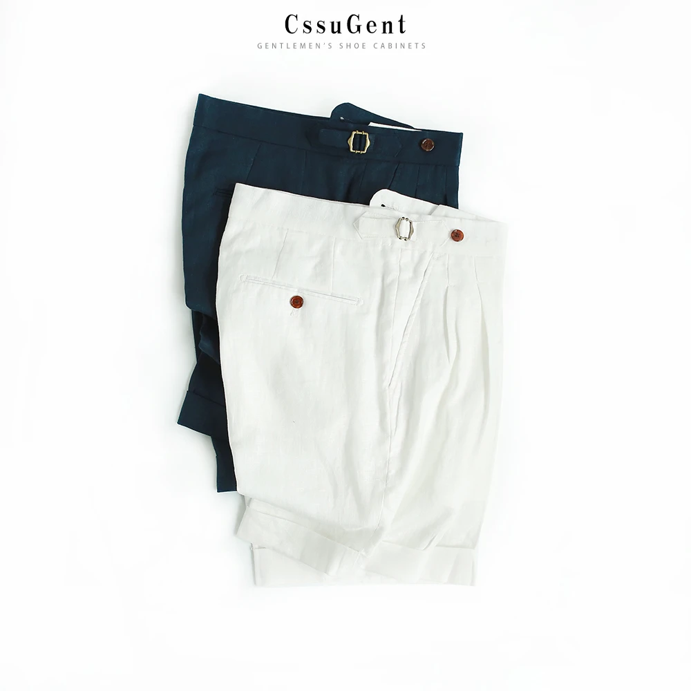 Cssu Gent 夏季100%亚麻那不勒斯中高腰纯色短裤男士绅装百搭透气