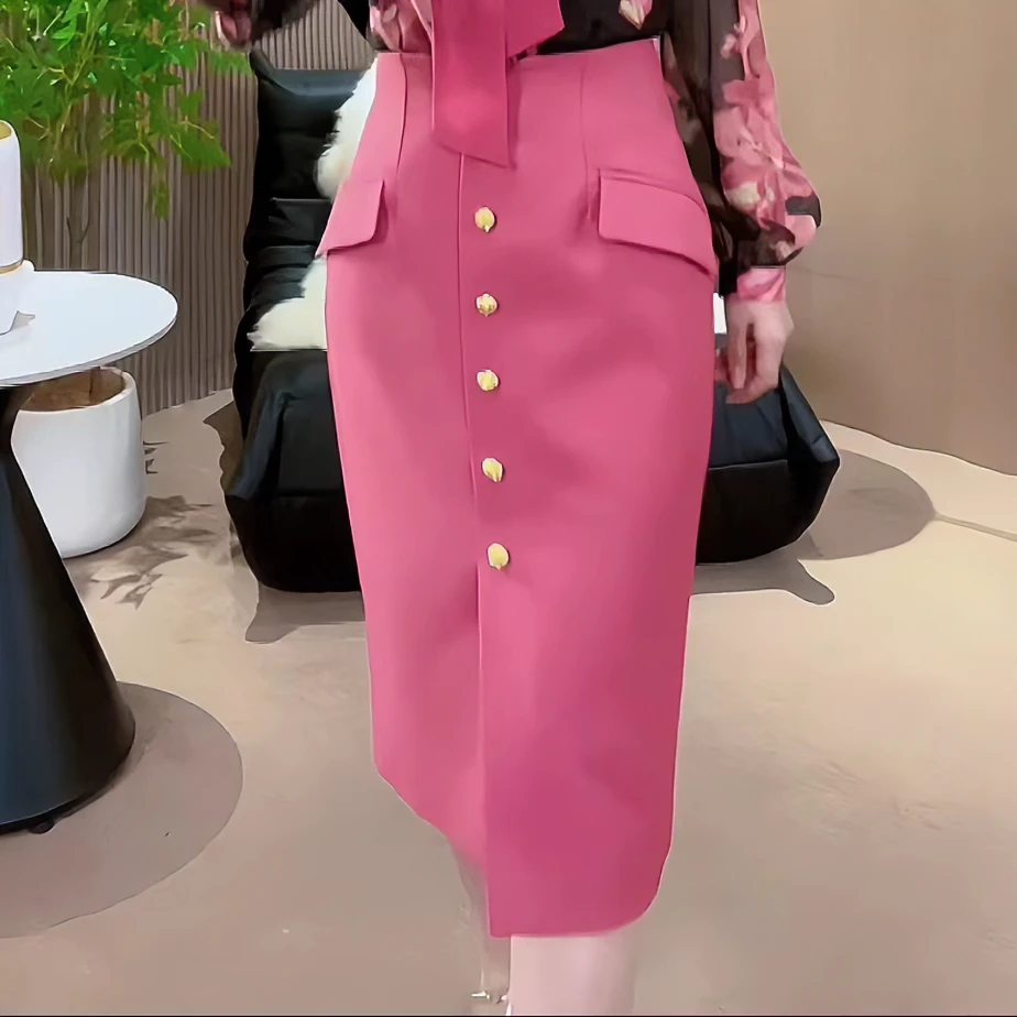 【深圳米熙儿】气质女人味—中高腰显瘦单排扣纯色显瘦半身裙K037