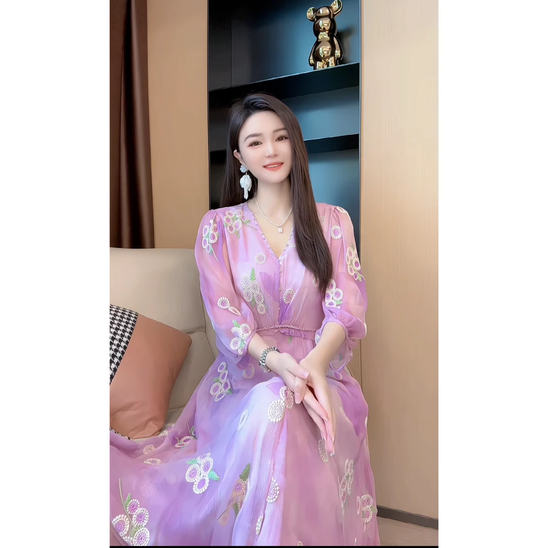 【深圳米熙儿】桑蚕丝重工刺绣绣花夏季女装连衣裙8121裙子秋冬款