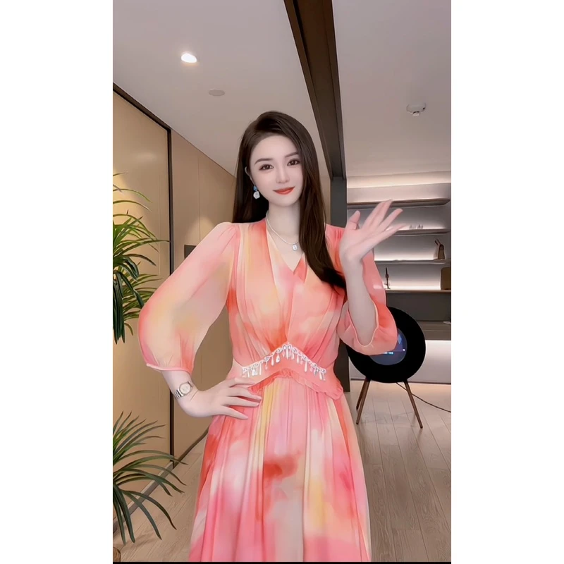 【深圳米熙儿】桑蚕丝夏季法式碎花收腰显瘦连衣裙1167