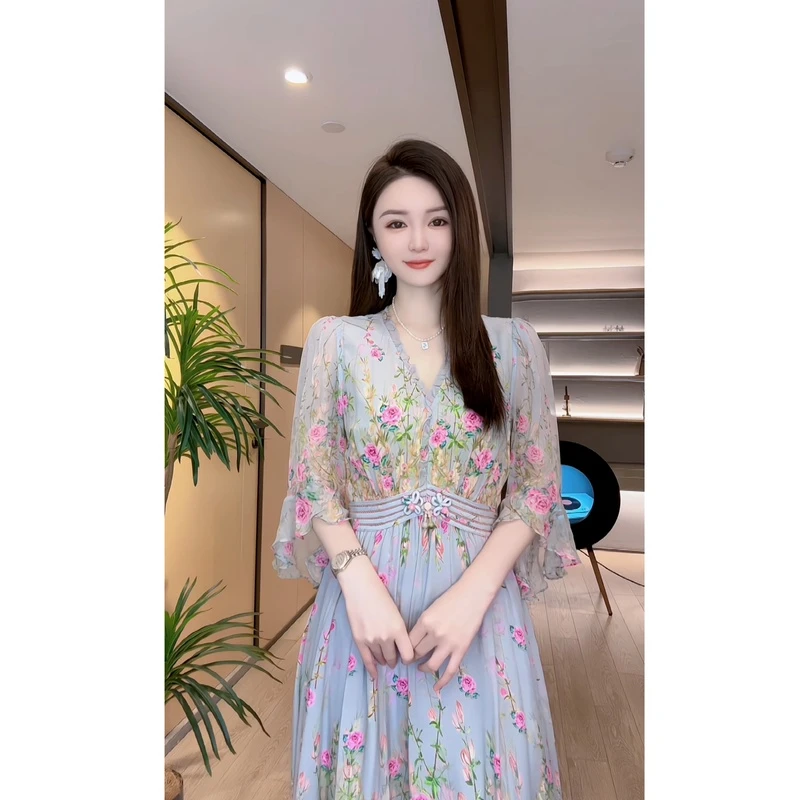 【深圳米熙儿】桑蚕丝夏季新款法式时尚印花女装连衣裙8093