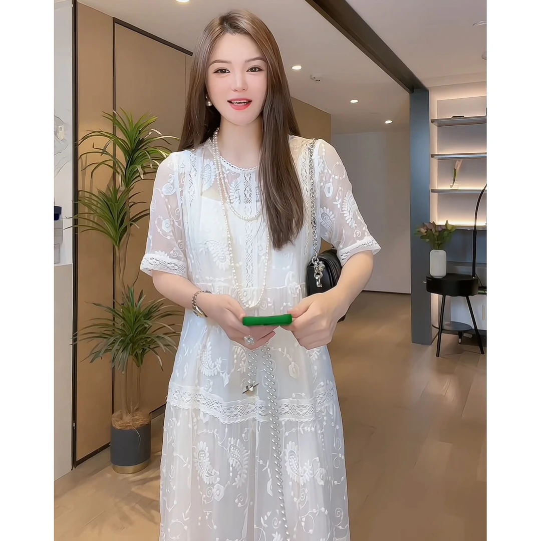 【深圳米熙儿】夏日如风——高端气质轻熟风白色连衣裙Q012莫奈花园风