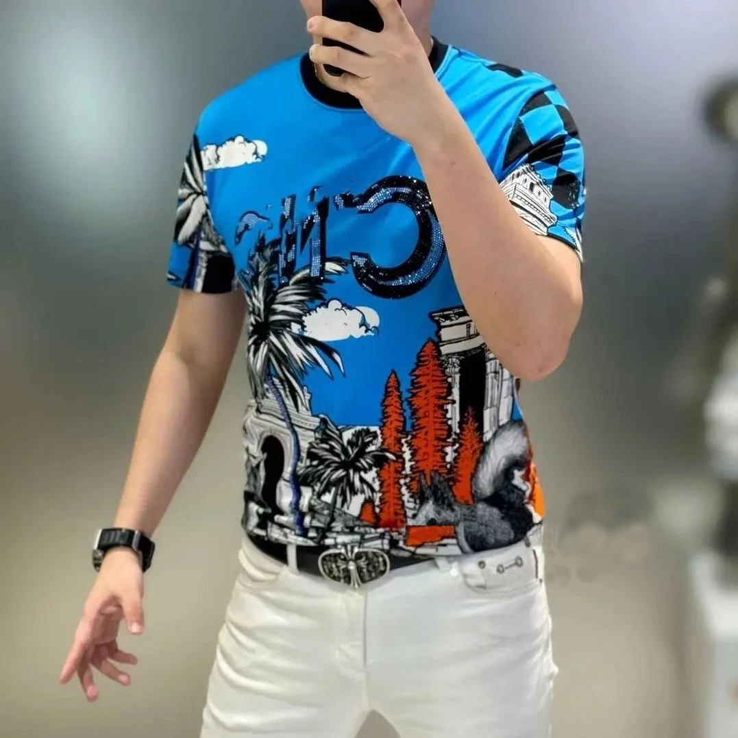 男士欧货夏季薄款冰丝短袖圆领上衣t恤半袖高端品质修身休闲男装