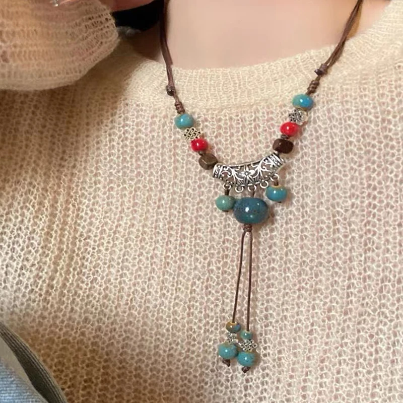 非金属项链 民族风陶瓷项链新中式复古国风吊坠项链女毛衣款百搭