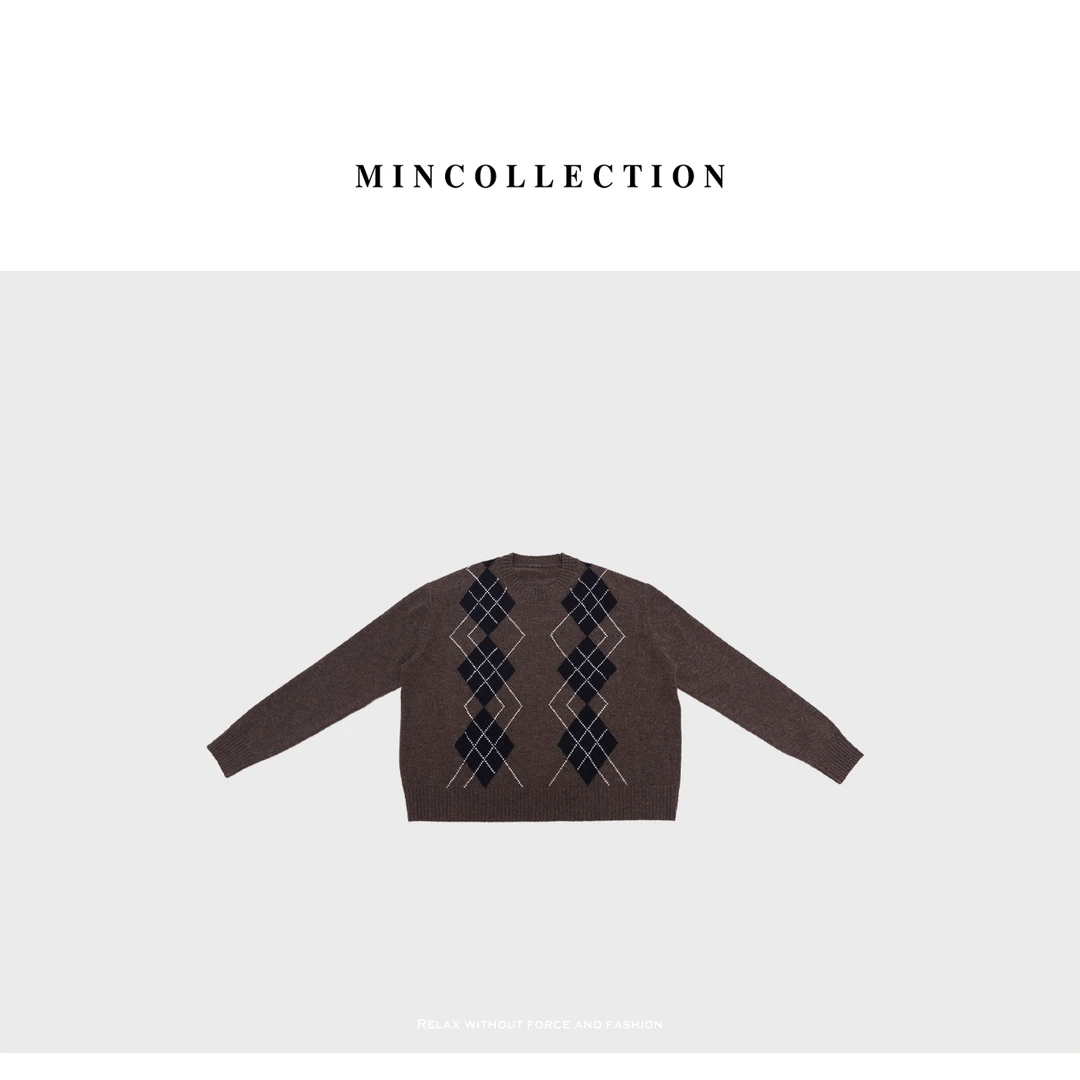 DE Mincollection嵌花毛衣/秋冬复古撞色机菱格廓形羊毛毛衣40009
