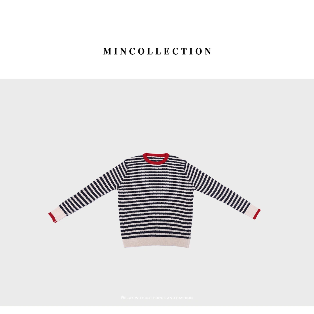 DE Mincollection撞色条纹针织/日系肌理纱布细棉轻柔针织衫zz404