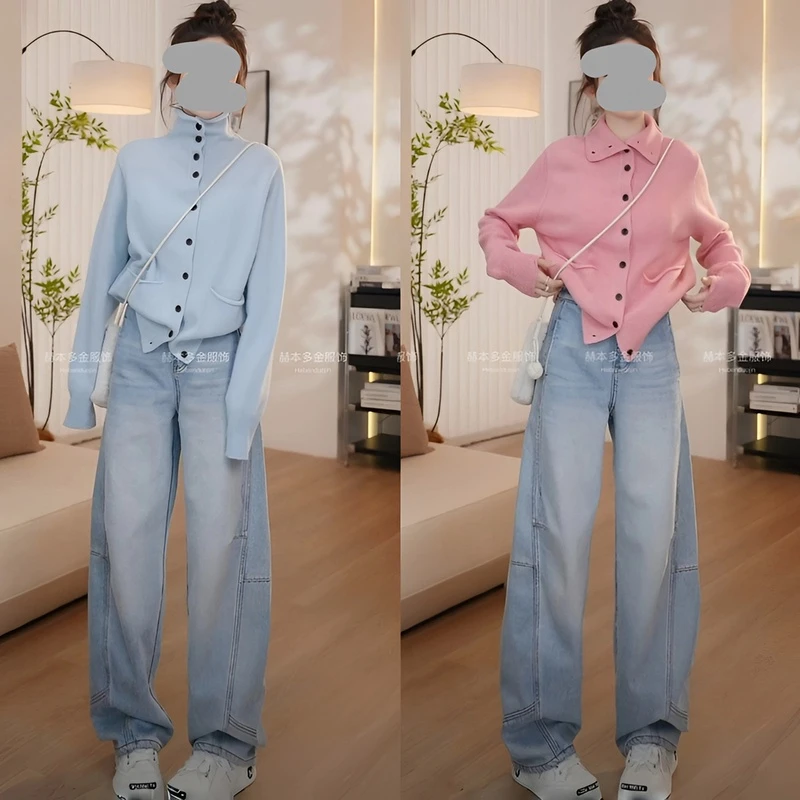 秋冬时尚韩版气质高领针织开衫毛衣外套百搭加绒拼接阔腿牛仔裤潮