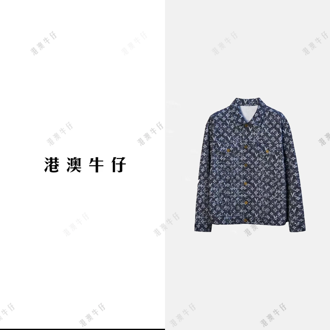 2024春秋新款男士翻领牛仔外套设计师款潮流水洗蓝色印花夹克外套