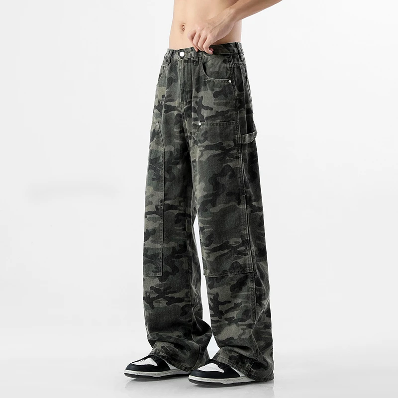 重磅迷彩牛仔裤男女春秋复古hiphop直筒工装裤阔腿拖地裤潮牌