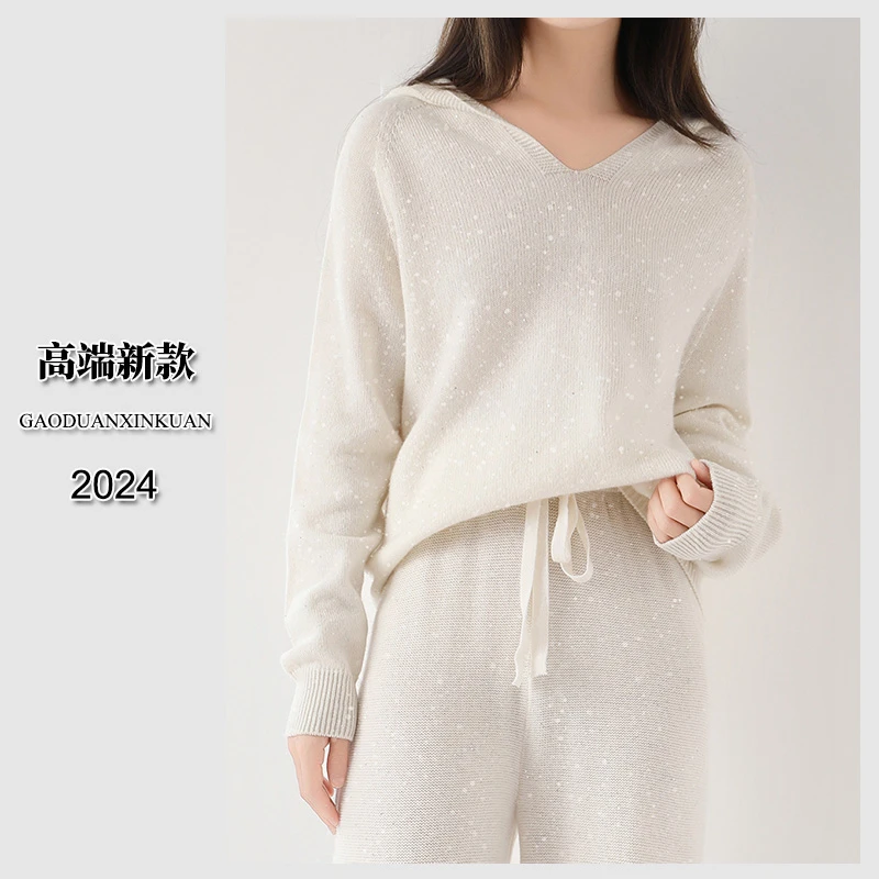 秋冬新款金银丝100%纯羊毛帽衫女连帽亮丝针织衫毛衣宽松打底卫衣