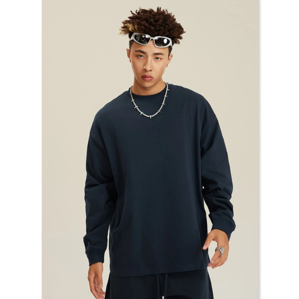 Street style美式圆领宽松长袖男305G休闲重磅长袖外穿秋衣男潮牌