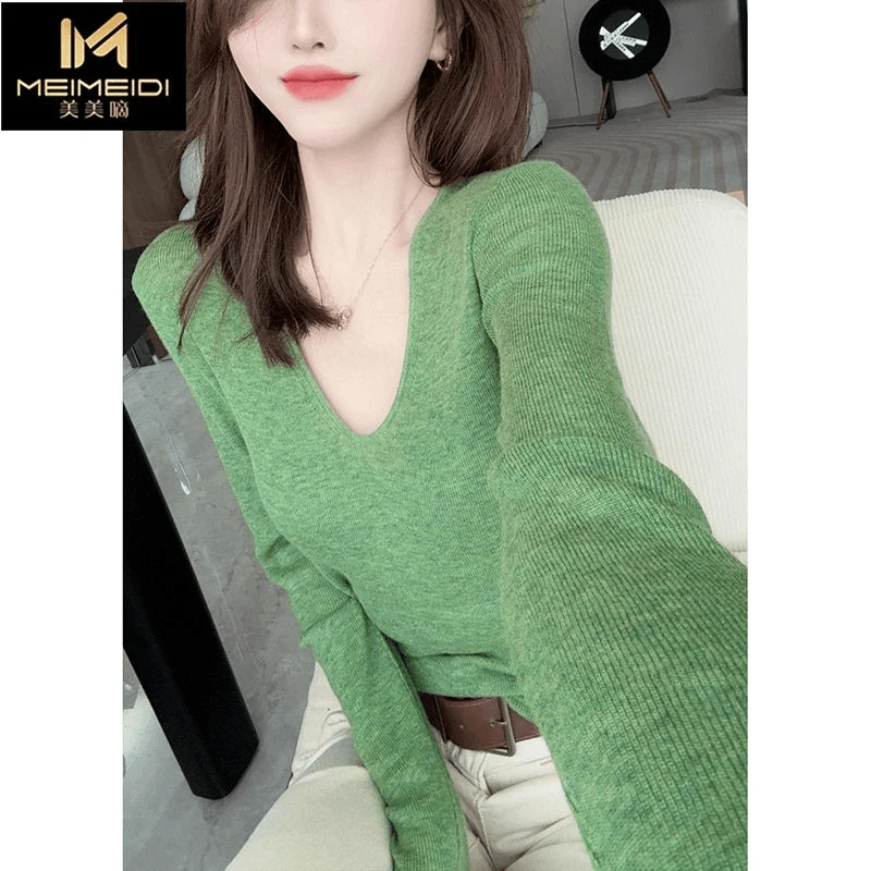 2024早秋新款薄款洋气温柔减龄纯色显瘦v领长袖针织衫上衣女装