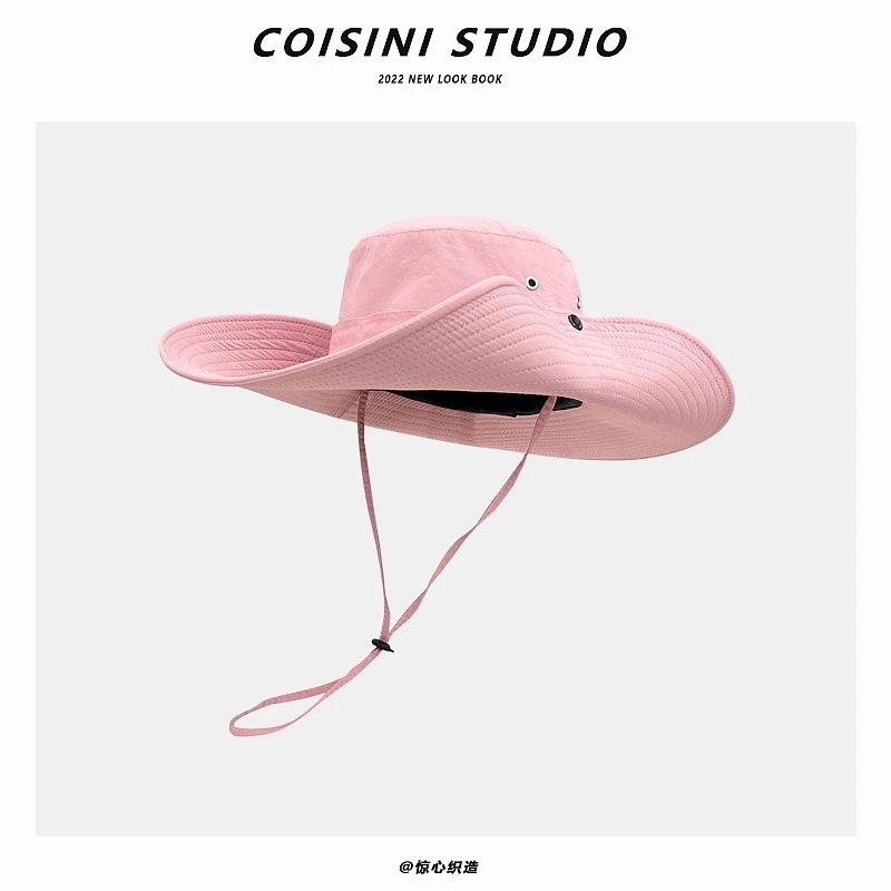 西部牛仔帽抽绳大檐渔夫帽子女夏季防晒太阳帽户外钓鱼登山帽男潮